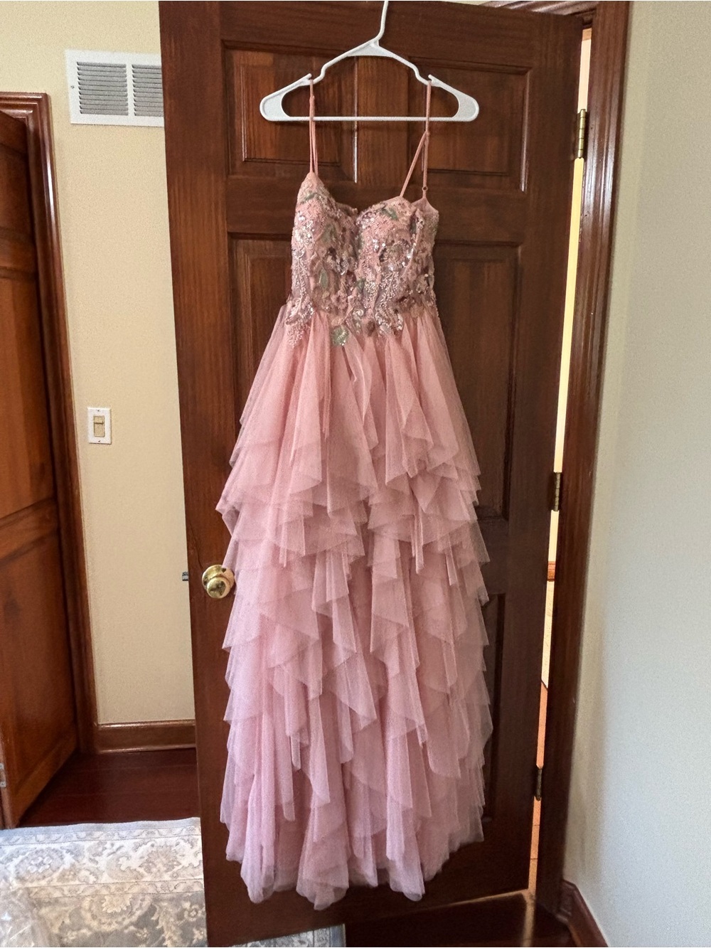 Pink Prom Dress with Tule Bottom and Floral Beaded Top